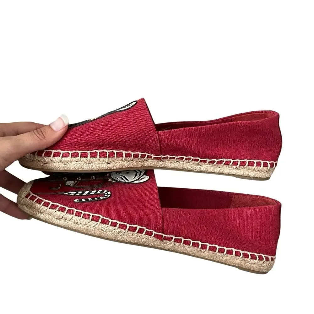 Tory Burch Tilly Tiger Espadrille Flats Red Canvas Leather Slip On Whimsy Size 9